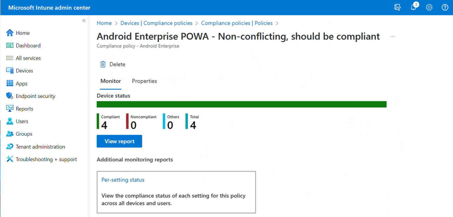 Microsoft Intune admin center showing a compliance policy and device compliance status